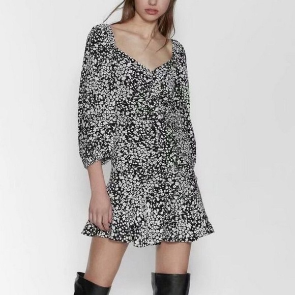 Zara Ruffle Ruched Mini Puff Sleeves Fit Flare Retro Floral Ditsy Cocktail Dress - Picture 12 of 13